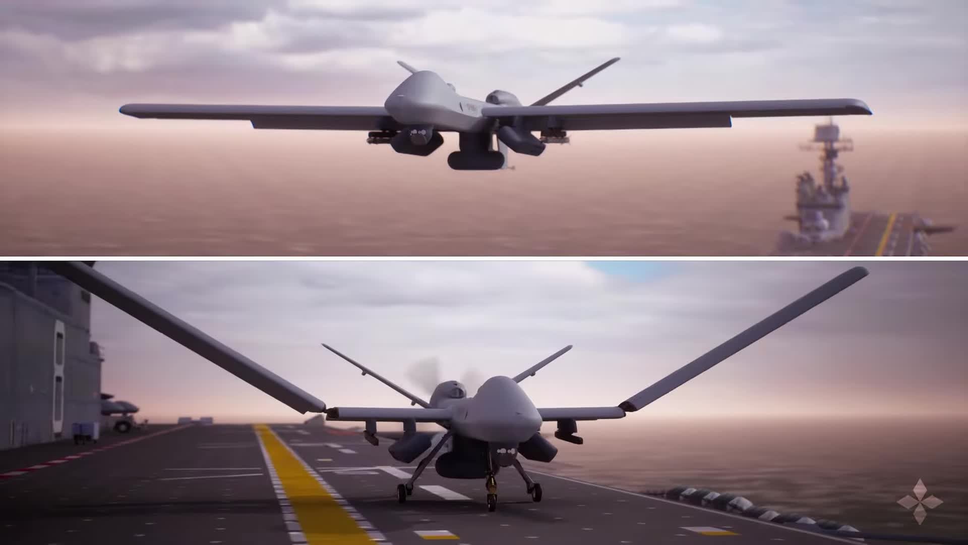 Computer-generated MQ-9B STOL concept approaching a carrier