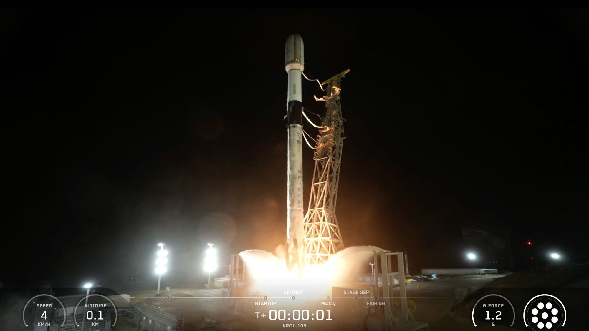 SpaceX broadcast image of the NROL-105 launch on January 16, 2026