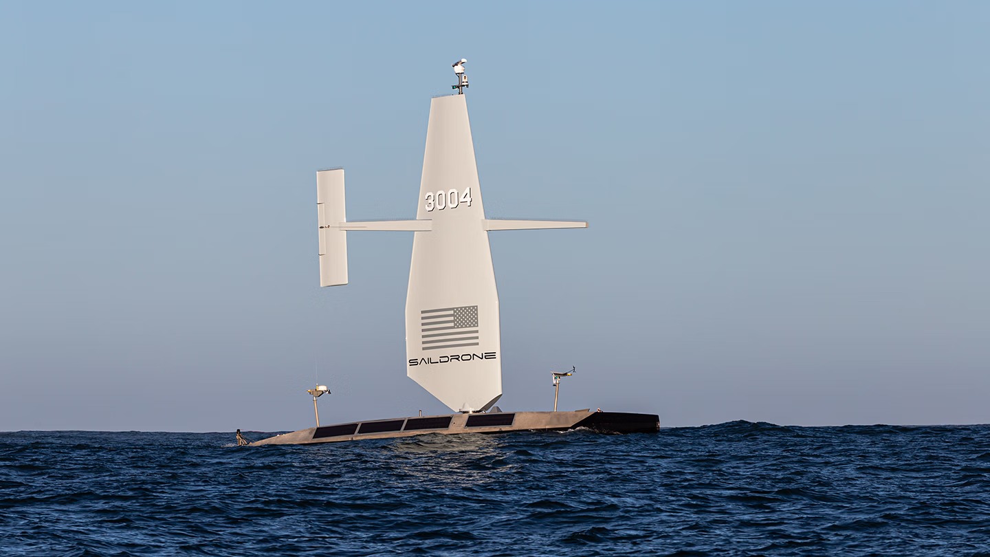 Saildrone Surveyor source photograph accompanying the September 15 NAVOCEANO announcement. Platform context; it does not establish completion of the contracted Atlantic surveys.